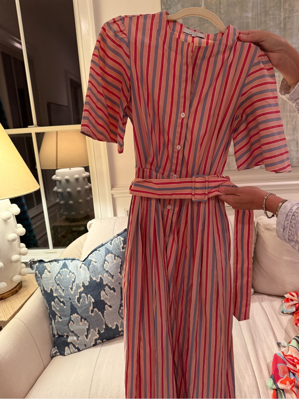 Striped Pink Multicolor Belted Shirt Dress